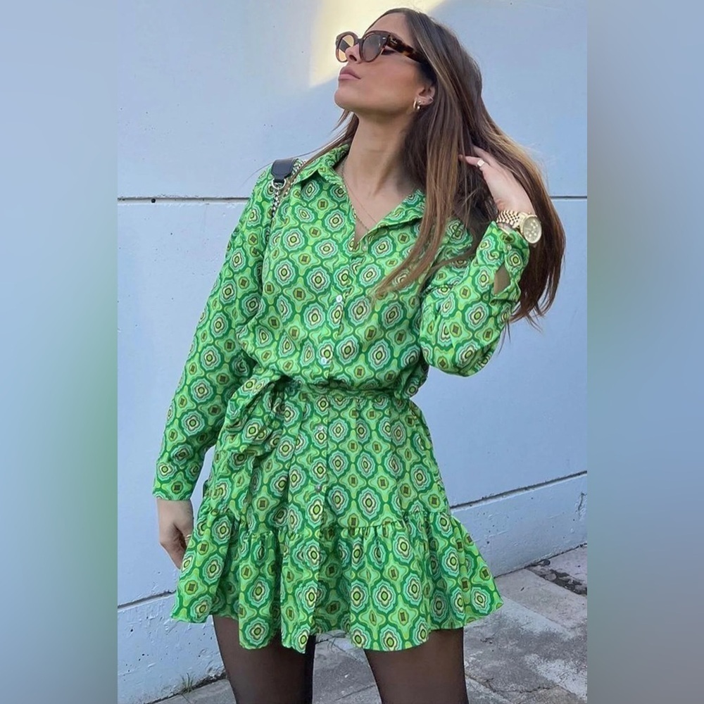 ZARA Geometric Print long sleeves Shirt Dress Size S